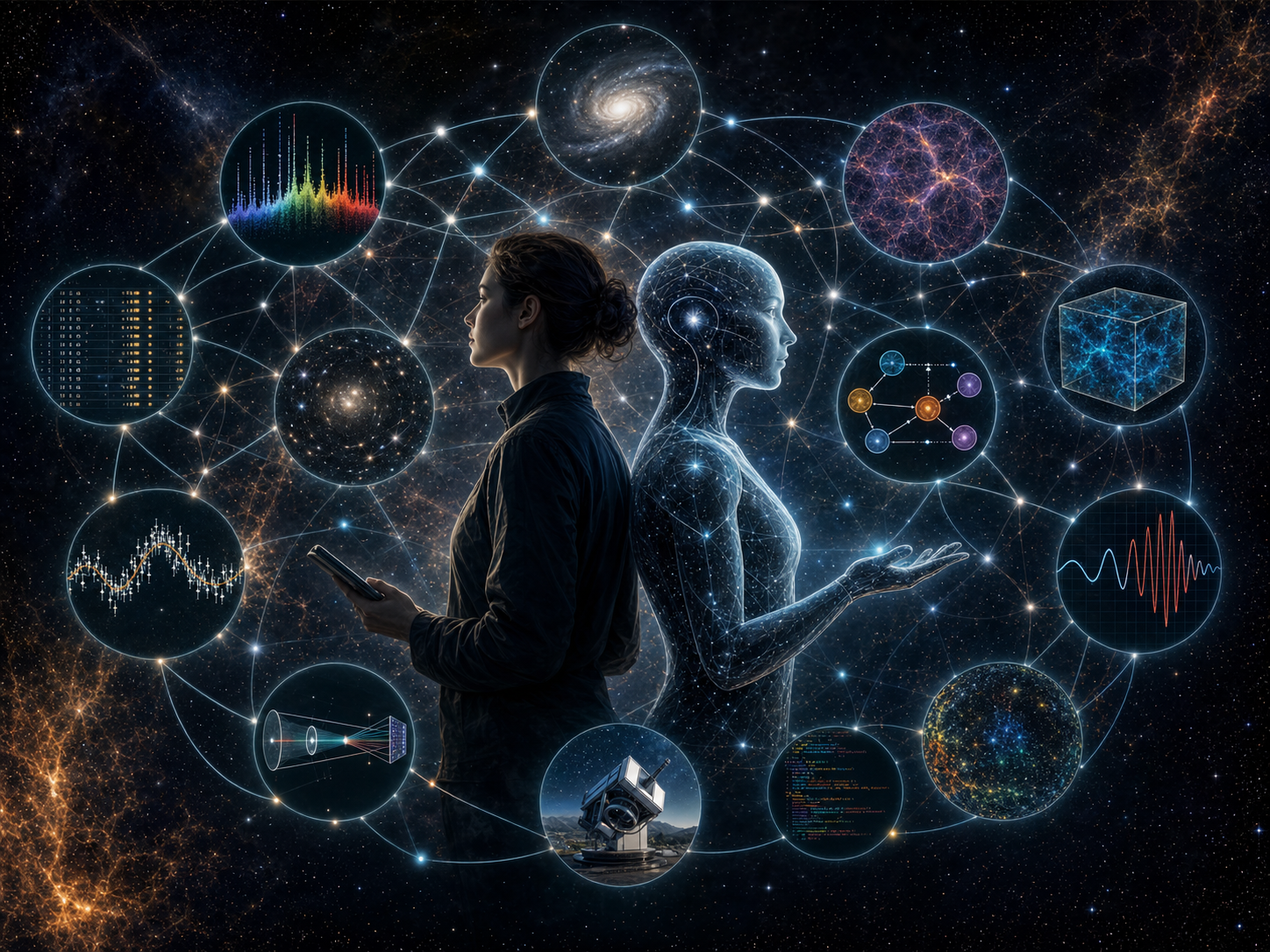 Poster for Accelerating Astrophysical Discovery with Foundation Models, showing scientists surrounded by a graph of linked astrophysical data.